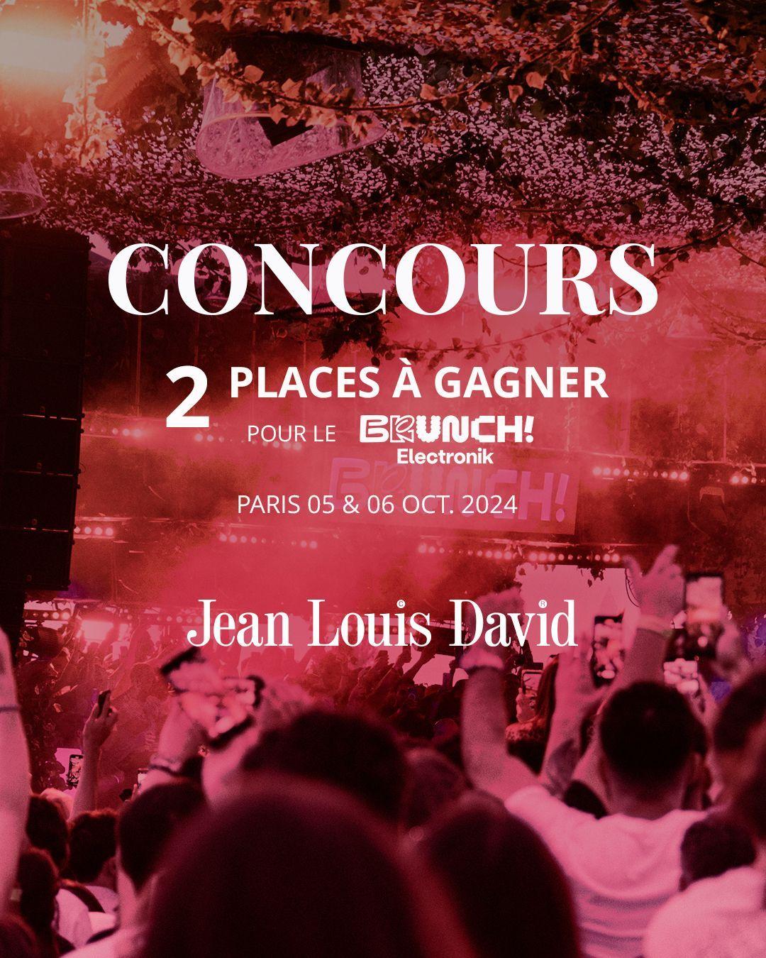 CONCOURS FESTIVAL [TERMINÉ] | Jean Louis David poursuit sa tournée des festivals et s'installe au @brunchfrance_ à Paris les 5 et 6 octobre ! Tente de remporter 2 places pour le festival avec un accès privilégié au Bar à Styles Jean Louis David !​⁣
⁣
À gagner :*​⁣
- 2 entrées au Brunch Electronik à Paris samedi et dimanche​⁣
- Accès exclusif au Bar à Styles Jean Louis David sur le festival​⁣
​⁣
Comment participer :​⁣
- Follow @jeanlouisdavidfr & @brunchfrance_​⁣
- Liker ce post​⁣
- Mentionner en commentaire votre partenaire de festival préféré(e)​⁣
⁣
Le concours se termine le 5 septembre avec annonce du gagnant en commentaire épinglé.​⁣
⁣
*Jean Louis David ne prend pas en charge les frais de déplacement et le logement. ​⁣
⁣
Bonne chance à tous ! 🍀     ​