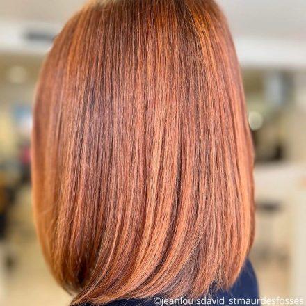 femme rousse de dos cheveux carré lisse