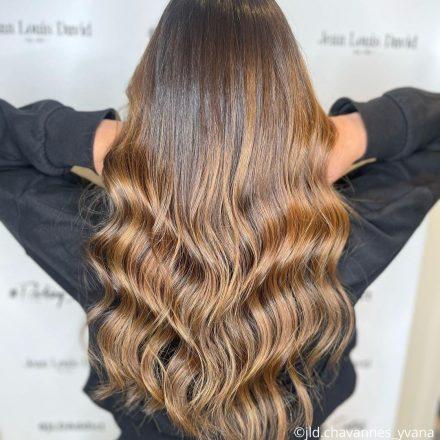 femme de dos cheveux long balayage caramel et brushing