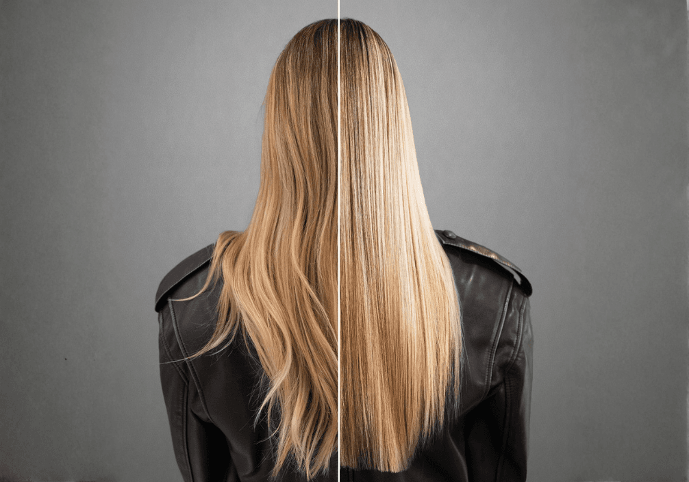 Soin Botox capillaire Jean Louis David sur cheveux longs et lisses, effet brillance intense et fibre capillaire réparée. Chevelure blonde vue de dos. Le côté gauche montre des cheveux blonds avec des ondulations naturelles et un léger frisottis. Le côté droit montre un résultat parfaitement lisse, soyeux et lumineux. La personne porte une veste en cuir noir sur un fond gris neutre.